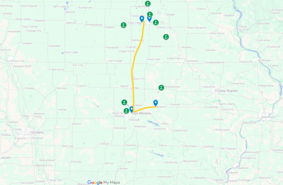 Map of Iowa highlighting Birch service areas with the Newton to Clear Lake route